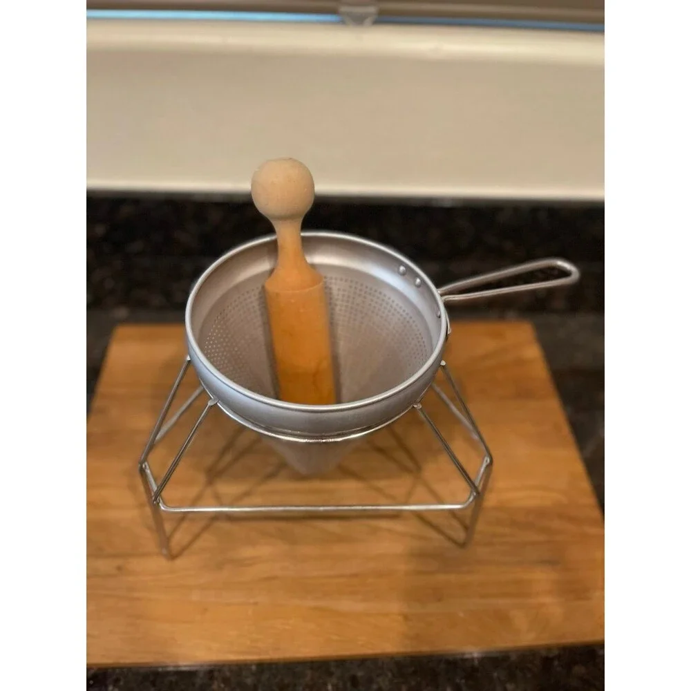 Mirro Aluminum Food Mill Colander w/ Wood Pestle & Stand